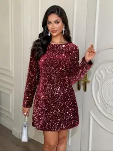 Fashion Elegant Sequined Backless Long Sleeve Dress, Fitted Lace Up Design, Short Plain Style for Fall, Women's Casual Wear
