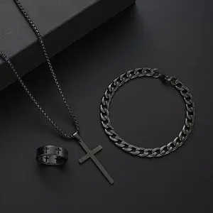 3-Piece Cross Jewelry Set – Vintage Minimalist Necklace, Bracelet, & Ring, Unisex Accessory for Everyday Wear, Perfect for Gifting & Stylish Daily Looks
