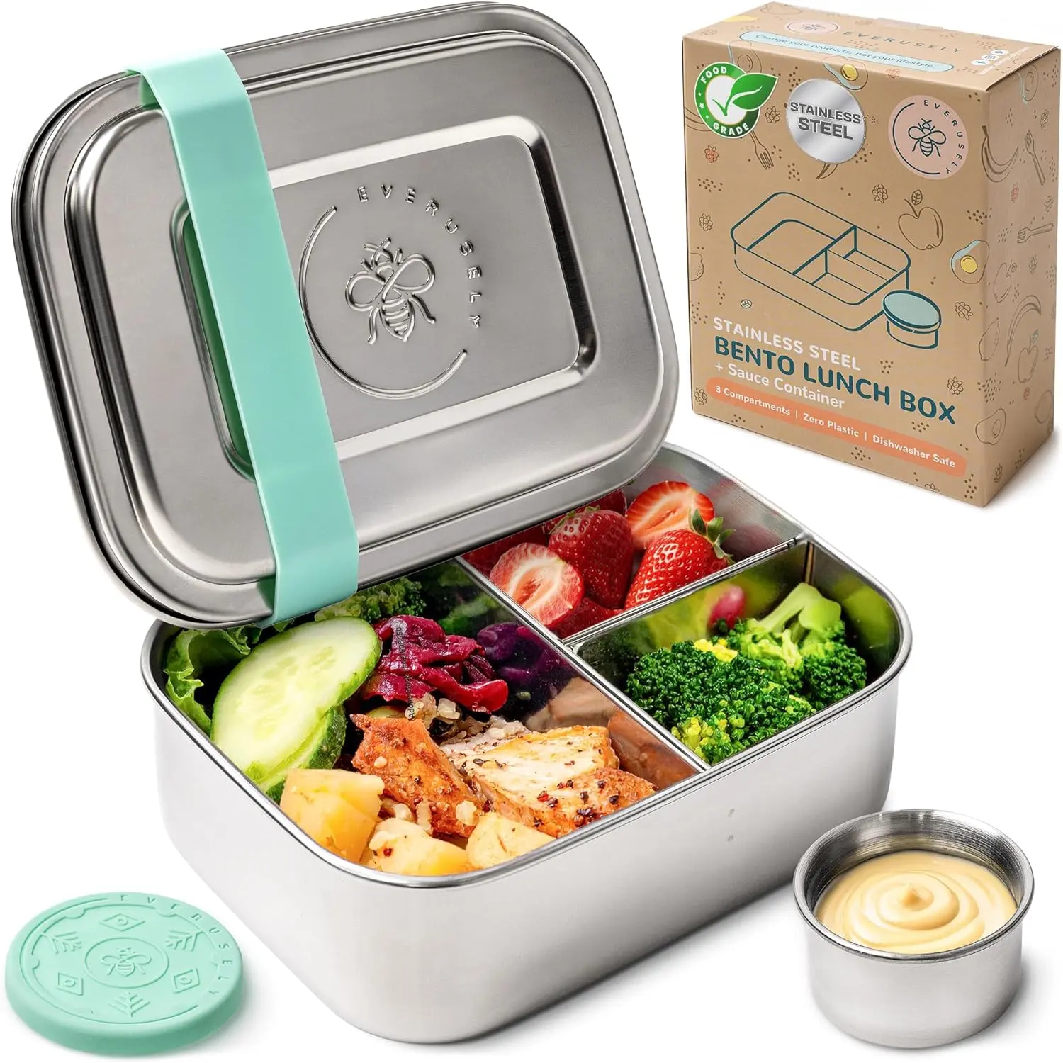 EVERUSELY Stainless Steel Portable Compartmented Lunch Box - 27oz/0.8L 3-Divided Nontoxic Food Box, Leakproof Condiment Organizer, Eco-Friendly, Dishwasher Safe Steel Kitchen Tableware, Compartmented Lunch Boxes
