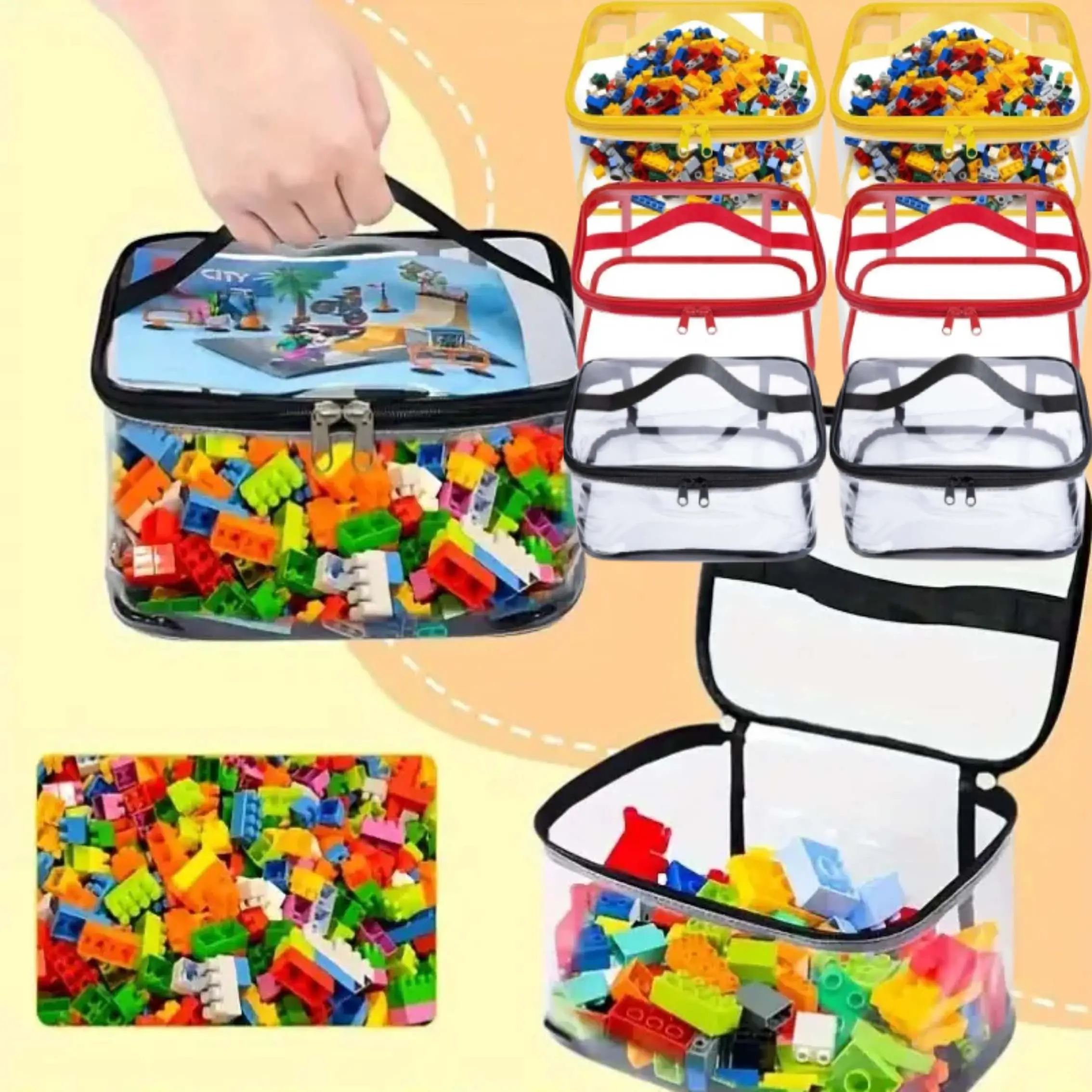 6-Piece Waterproof Transparent PVC Plastic Storage Organizer Bags with Zipper, Room & Home Organizer Storage Carrying Bags for Bricks, Building Blocks, Travel Organization Pouch