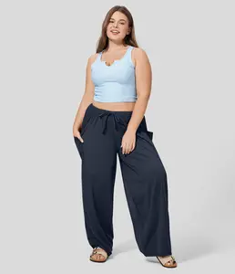 Halara Mid Rise Elastic Waistband Drawstring Side Pocket Palazzo Flowy Wide Leg Casual Plus Size Pants