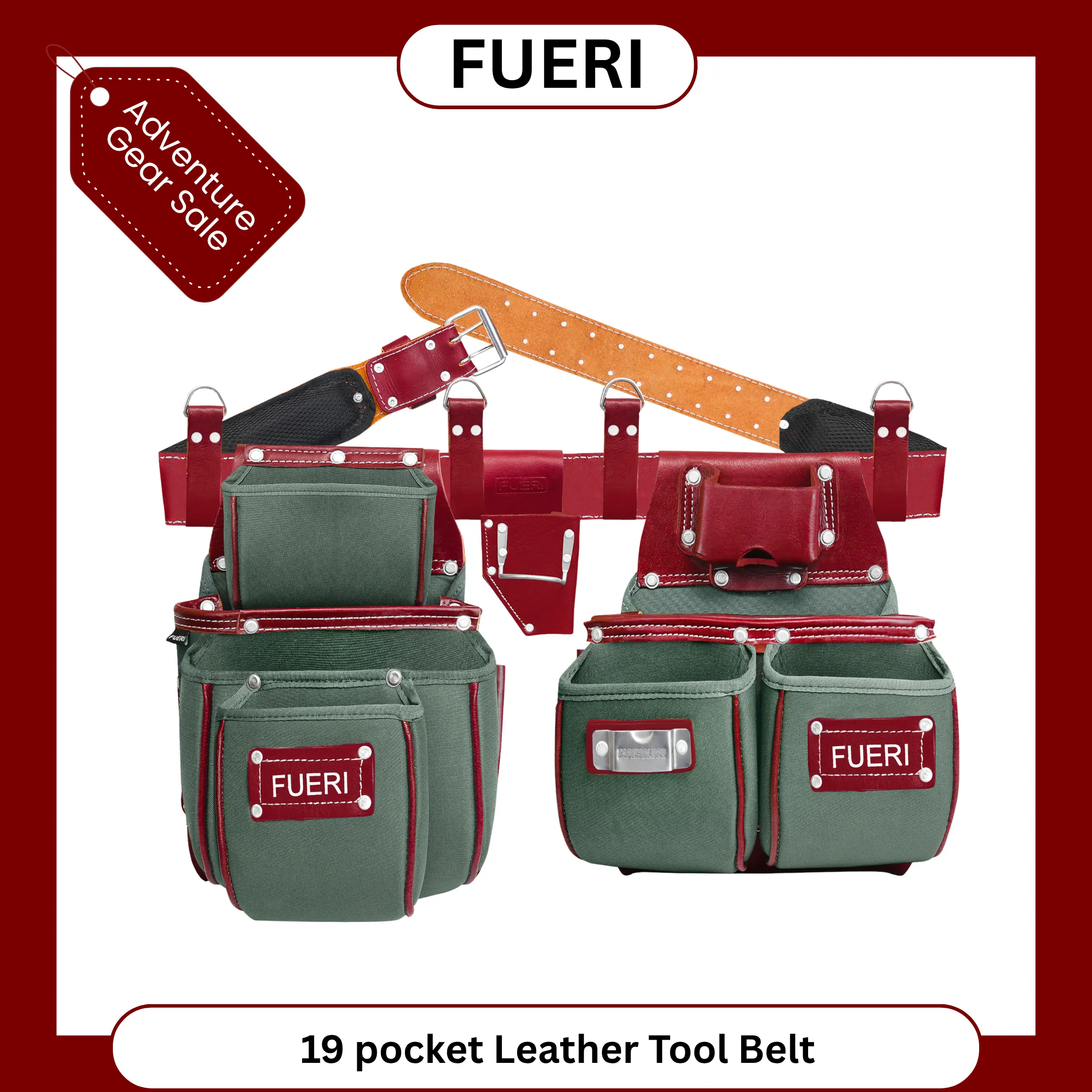 FUERI Premium Leather & Nylon Tool Belt Heavy-Duty Detachable Utility Pouch Set for Carpenter, Electricians & Construction Pros Durable & Organized