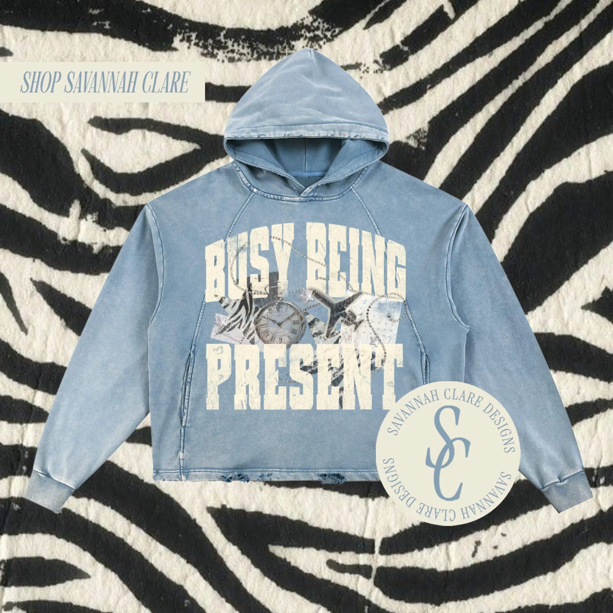 "BUSY BEING PRESENT" Vintage Wash Distressed Boxy Hoodie