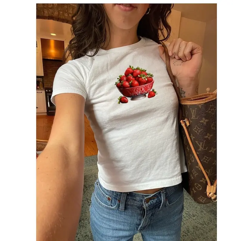 Crop Top y2k, Strawberry Crop Top, Strawberry shirt Coquette Top, Coquette Top, Downtown Girl, Y2K Crop Top Aesthetic Crop Top Fruit Shirt