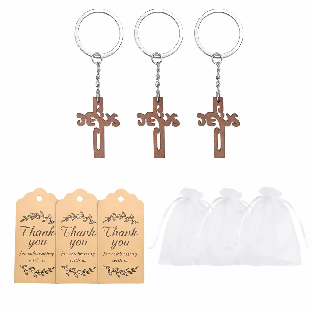 3PCS Wooden Cross Keychain Favors Set with Thank You Tags & Organza Bag, Spiritual Token Bridal Shower Keychain, Event Memento for Christian Baby Shower, Easter, Wooden Crosses
