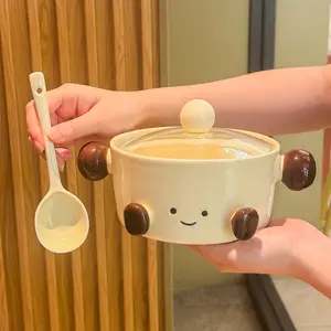 Cute Cartoon Noodle Bowl Set with Lid and Spoon, Large Capacity Microwave Safe, Portable Breakfast Cup, High Aesthetic Gift Box Tableware