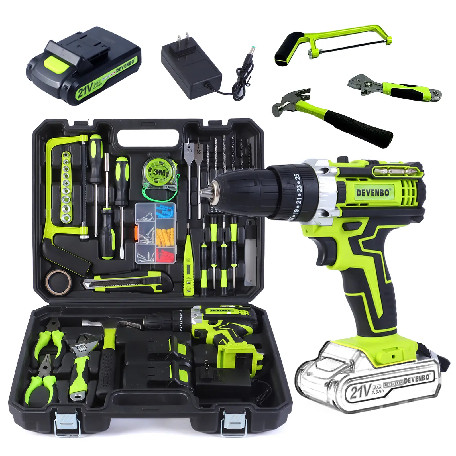 DEVENBO 21V Cordless Impact Drill Set, Equipped with a 3/8-inch Keyless Chuck, 18+3 Speed Clutch Electric Drill with Work Light, Available with Optional Drill Bit Set and Storage Case. It Combines the Functions of a Drill and an Electric Screwdriver