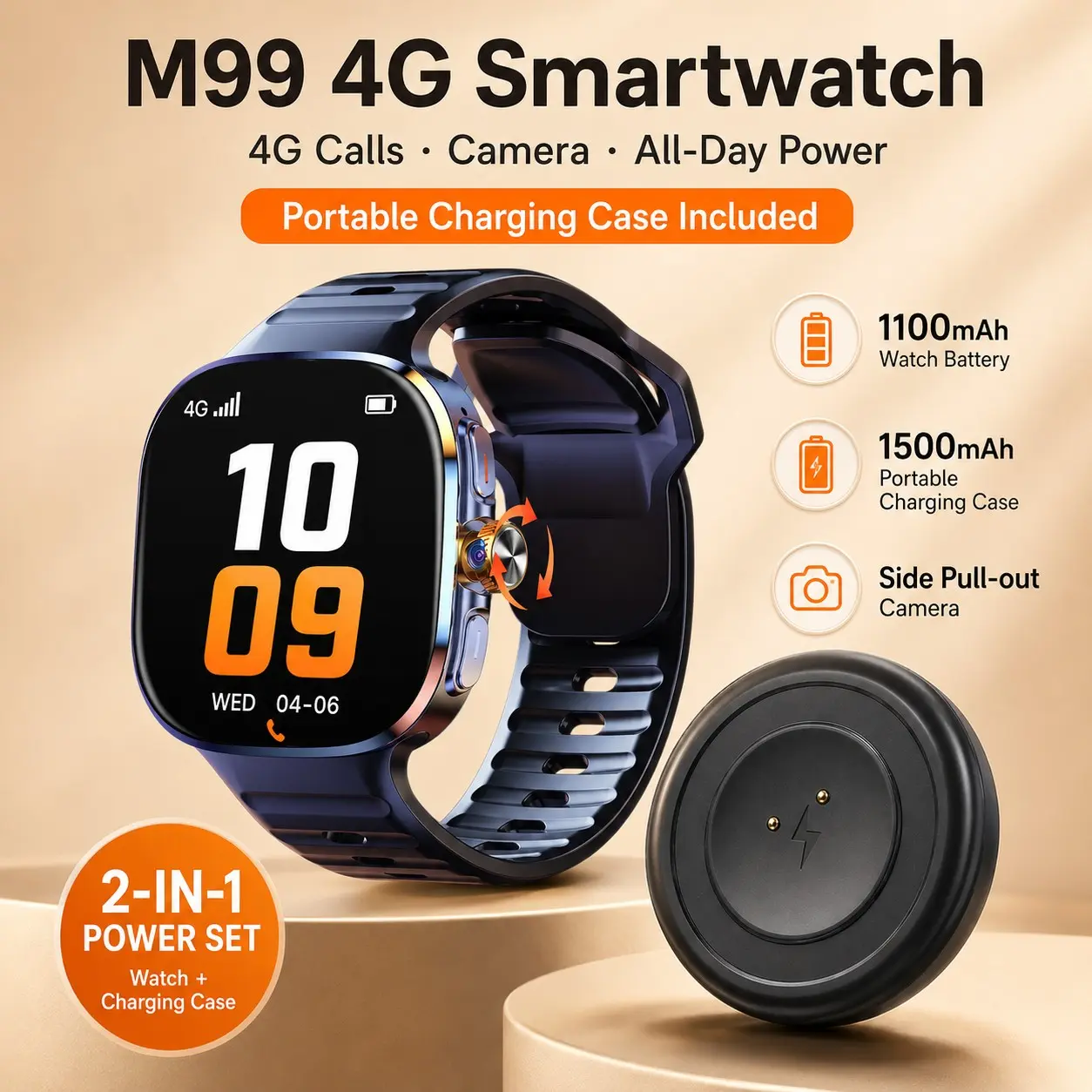 M99 Smartwatch Wearable 4G With 2.4inch Amoled Screen 300W Rotating Camera WIFI GPS Position Compass NFC Bluetooth Multifunctional Smart Watch Men Women Wearable Digital Smartwatch