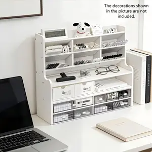 Modern Space Saving Desktop Storage Shelf, PVC Multi-compartment Desk Organizer with Inclined Pen Slot & Elevated Book Stand, Multipurpose Holder for Cosmetics Stationery Office Sundries