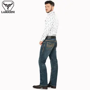 LAMASINI Cowboy Denim Jeans LM1870 Dark Blue for Men - Casual Style with Embroidered Embellishments - Fashion