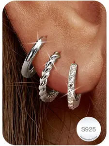 3 Pairs Sterling Silver Hoop Earrings for Women Silver Gold Hoops Earrings Hypoallergenic Huggie Cartilage Earring Small Sleeper Earrings Set Earring Stacking Set