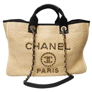 Pre-owned CHANEL raffic Tote Bags Straw Raffia Calfskin Chain Medium Deauville Tote Beige Black