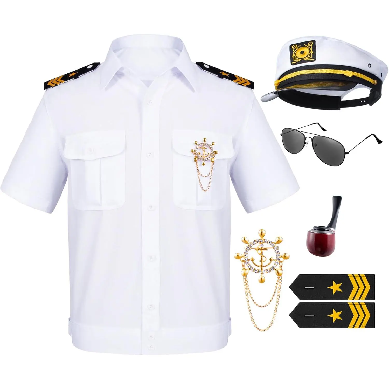 MUSE NOTE 6PCS Men's Yacht Captain Sailor Costume Adult Shirt Hat Accessories Set Party Cosplay Menswear Clothes Dress Sunglasses