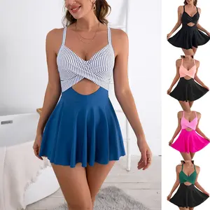 2026 New European American Modest Slim Fit Cross Back One Piece Swimsuit for Women Trendy Beach Vacation Swimwear with Flattering Tummy Control and Comfortable Adjustable Straps Tankini Swimdress
