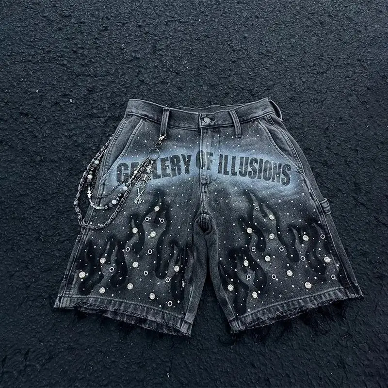 Fashion Distressed Jeans Retro Rhinestone Flame Pattern Print Casual Washed Denim Shorts Unisex High Waist Streetwear Pants Man Menswear Man