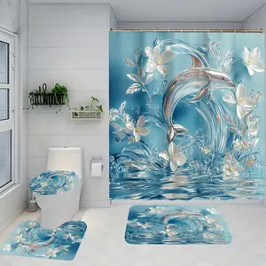 1/4 piece sea flower design bathroom set, Shower curtain sets, including soft floor mat, toilet seat cushion, shower curtain, home decoration, The floor mat has good rebound, water absorption, anti slip