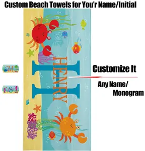 Personalized Kids Beach Towels Custom Monogram & Name with Fun Beach Designs Strong Absorbent/Microfiber for Travel Pool Towel 60"x30"