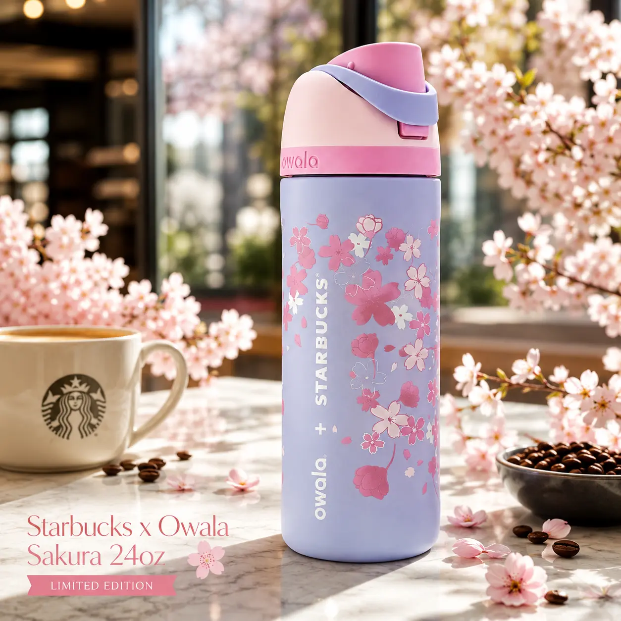 Owala Sakura x Starbuck 24oz Bottle, Sakura Print FreeSip Tumbler, Leakproof Insulated Water Bottle