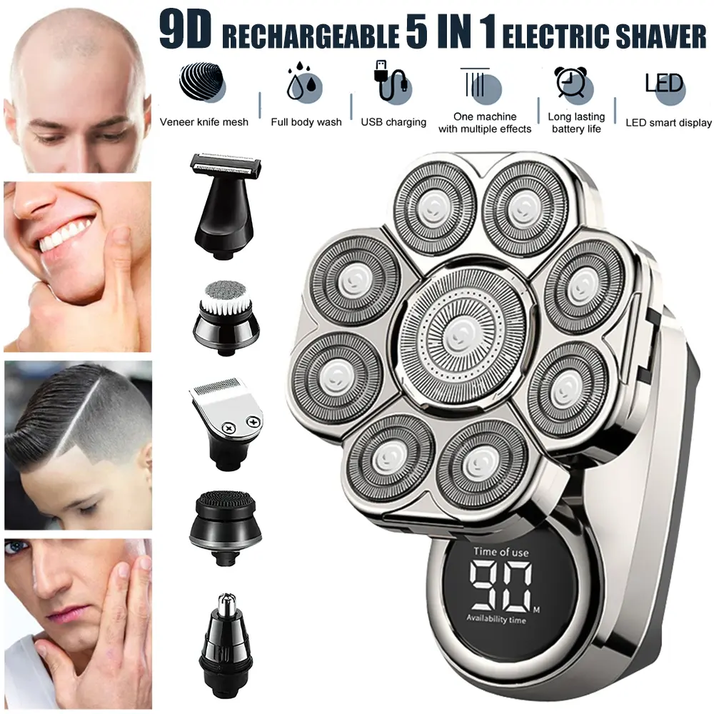 9D 6-in-1 Head Shaver for Bald Men, Waterproof Wet/Dry Grooming Kit Electric Shaver for Men, Cordless Rechargeable Bald Head Razor for Home&Travel