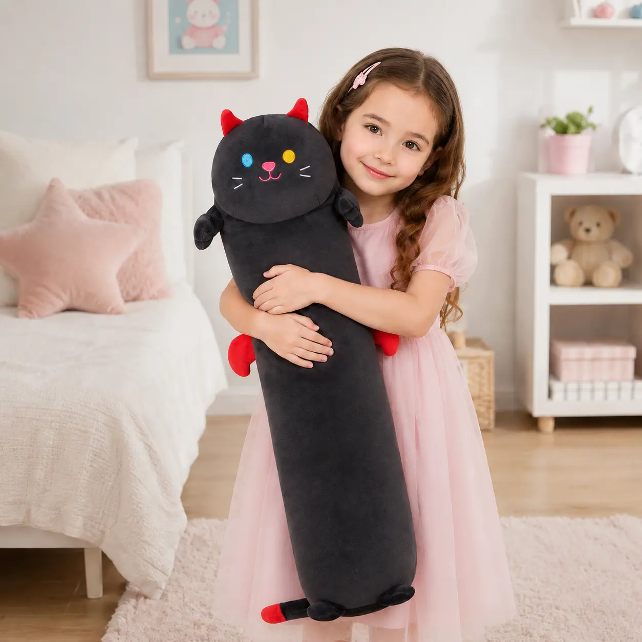 CHUBBYJOY 20Inch Gothic Devil Cat Long Plush Body Pillow, Black Cat Stuffed Animal with Red Horns Tiny Wings, Soft PP Cotton Squishy Hug Cushion, Cute Girly Gifts for Bedroom Dorm, Birthday Valentine Xmas Gift for Cat Lovers Teens Plush Collectors