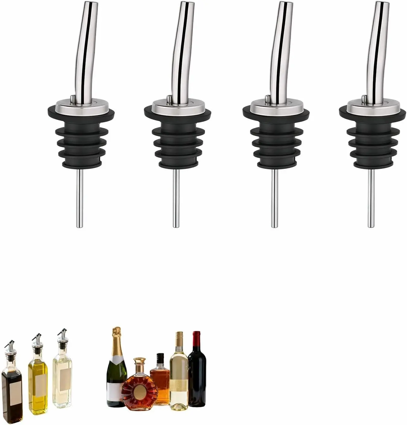 4PCS Premium Wine and Oil Pourer Set 304 Stainless Steel Pour Spouts for Liquor & Oil Reusable Dishwasher Safe Precision Flow Control Leak-Proof Seal Fit Most Wine & Whiskey Bottles (XS)