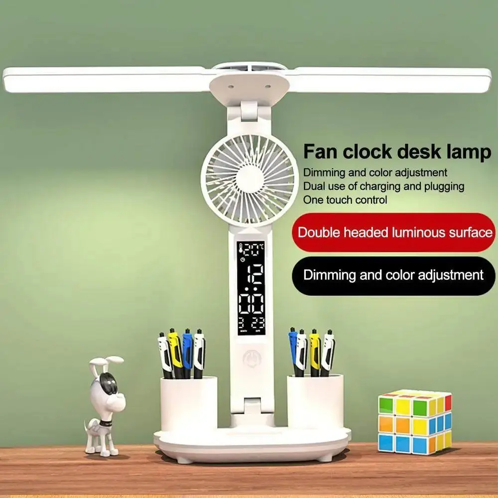2-Head Dimmable Desk Lights with Fan, USB Charging Port, Clock, Date Display, Pen Holder, Temperature Display, Adjustable Foldable Design, USB-Powered for Home Office Use (Office Accessory)
