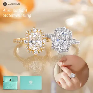 Elegant 3CT Radiant Cut Eco Diamond Ring Classic Rectangular Sunburst Halo Promise Ring