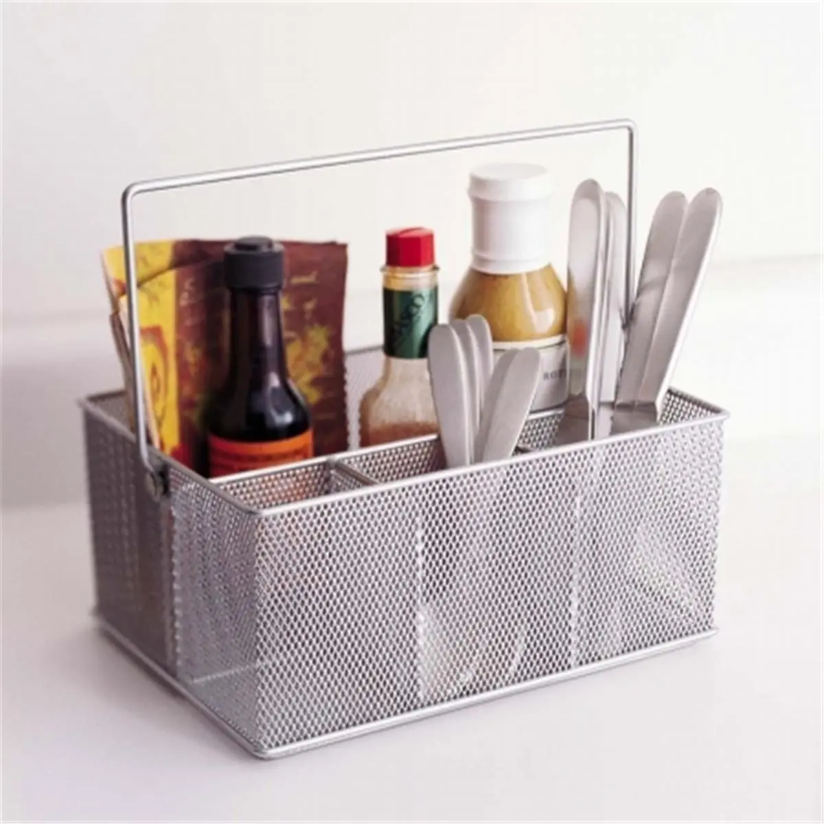 212 MAIN Silver Mesh Steel Compartment Kitchen Organiser - 1151mm Condiment Caddy, Utensil Holder, Napkin Holder, Diner-Inspired Home Improvement Kitchen Fixture Accessory
