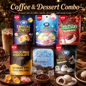 AMOS Coffee & Dessert Combo, Crystal Jewels Gummy Candy, Mermaid Jewels, Peelerz Red Bean Mochi, Freeze-Dried Chocolate & Coffee Mochi Mix