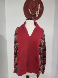 Rusty Red Upcycled Hoodie Flannel Oversized Comfy Sweatshirt One-of-a-Kind One Size Fits Most