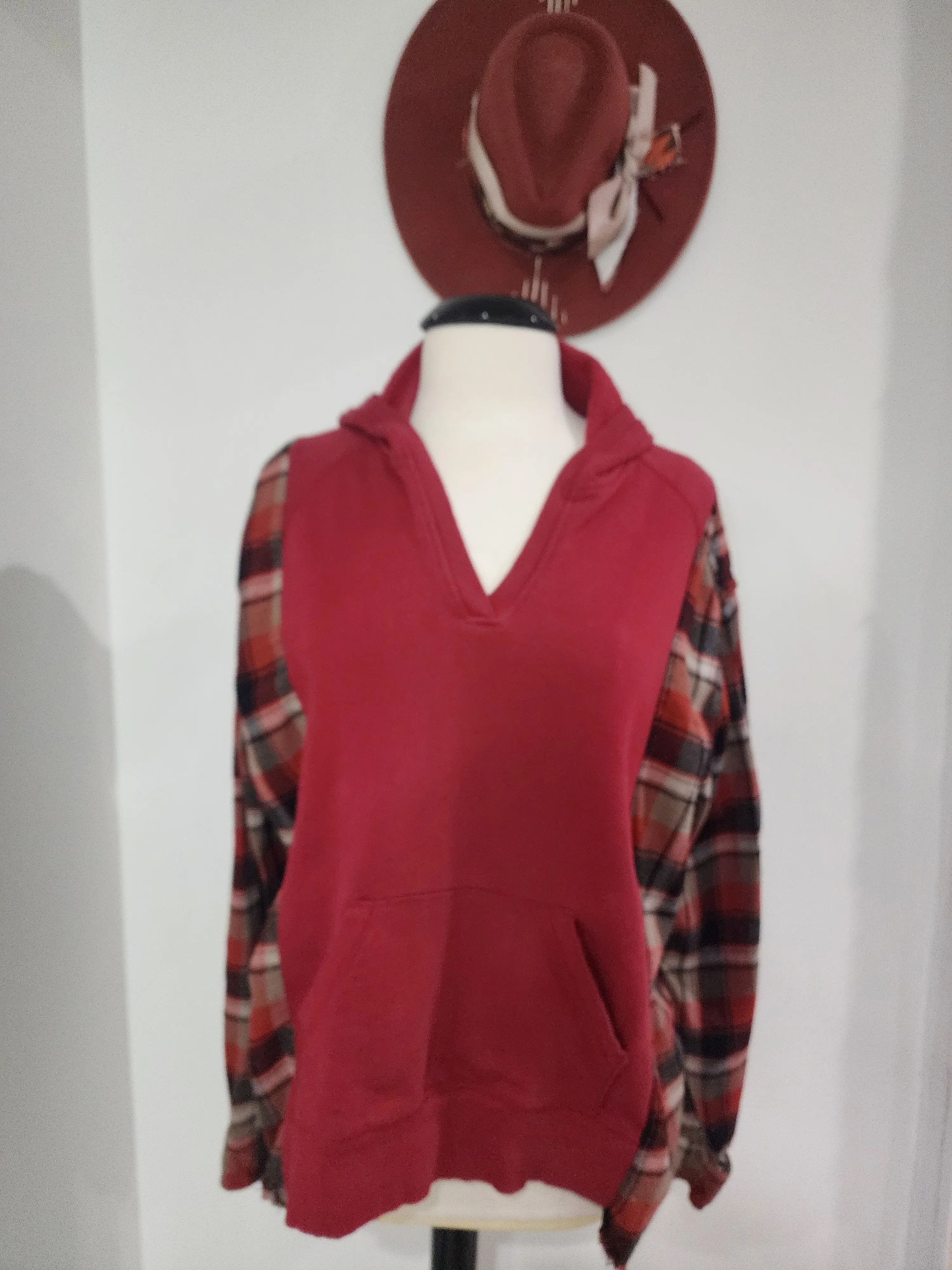 Rusty Red Upcycled Hoodie Flannel Oversized Comfy Sweatshirt One-of-a-Kind One Size Fits Most