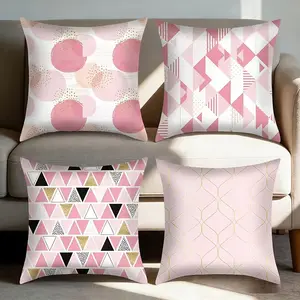 4PCS 45x45cm Pink Geometric Print Short-Haired Square Plush Pillow Covers, Washable Decorative Cases for Couch, Bed, Room Decor (No Insert)