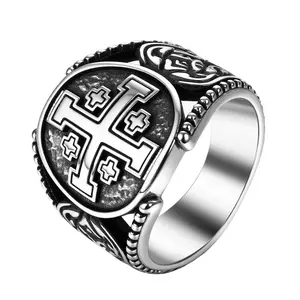 OIDEA Men's Vintage Jerusalem Cross Signet Ring - Stainless Steel Jewelry with Metal Coating, Catholic Faith Symbol, Size-Options Daily Wear Gift