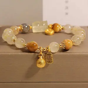 8-10mm Natural Citrine Tiger eye Gem Stone Wealth Porsperity Bracelet with Pi Xiu, Attract Wealth and Good Luck Energy Bracelet,Gift for Women