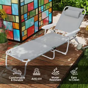 Adjustable Reclining Sun Lounger Chair - 4-Position Backrest, Foldable & Portable Design, Breathable Mesh Fabric, Supports 265 lbs - Light Gray