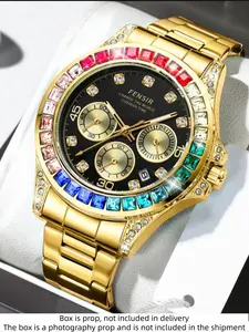 Luxury Rainbow Diamond Men's Watch, Fashionable Watches, Quartz Analog Wristwatch, Silver Color Alloy Case, Round Analog Dial, Quartz Movement, Calendar Display, Best Gift for Him