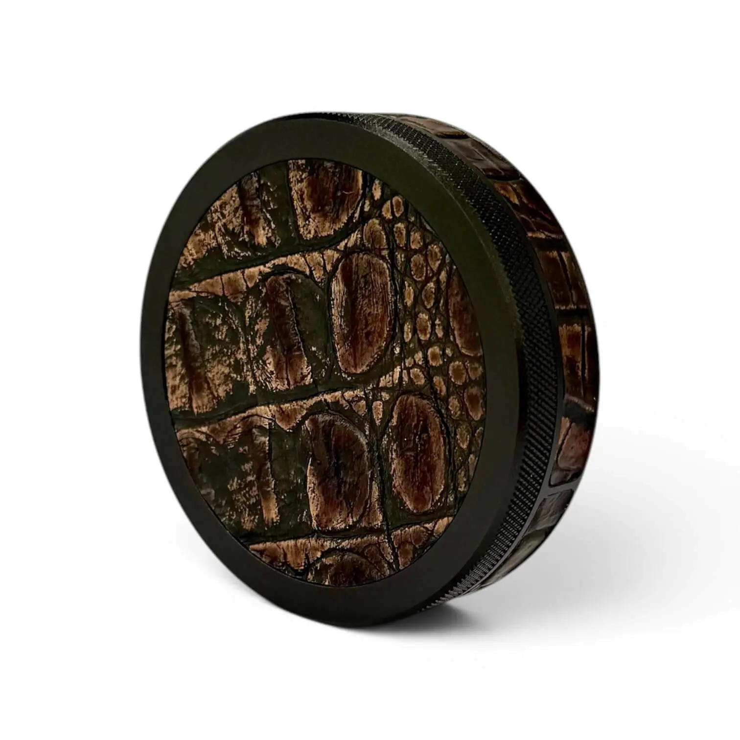 Black on Brown Embossed Croc Ruk Can Slim | EDC Storage Can | Airtight Seal for Freshness | 100% Genuine Leather Top & Band | Aluminum Metal Tin