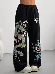 Women's Vintage Wide Leg Sweatpants, Casual Loose-Fit Drawstring Design, Solid Pattern, All-Seasons, Home & Outdoor Wear