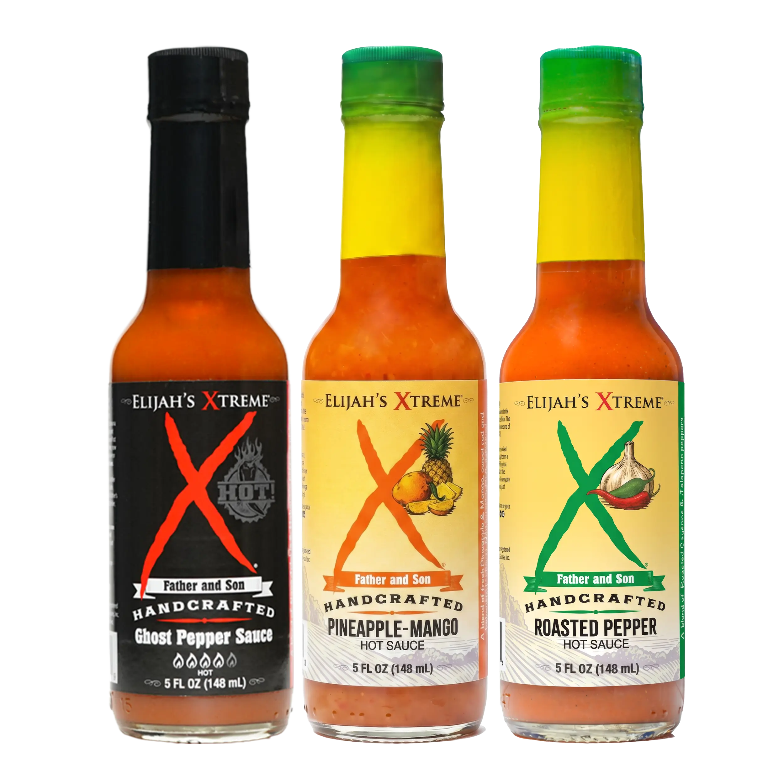 Elijah’s Xtreme Mild & Hot Trio Hot Sauce Set, 3 Bottles 5 oz Each - Pineapple-Mango Habanero, Roasted Cayenne & Jalapeño, Ghost Pepper, 1,000-450,000 SHU