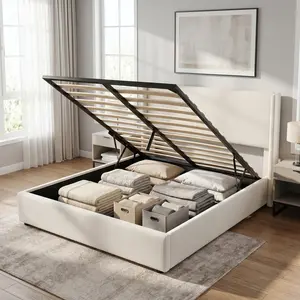Lift Up Storage Bed Frame, Corduroy Upholstered Platform Bed with Gas Lift, Padded Headboard, Wooden Slat Support, No Box Spring Needed, Easy Assembly