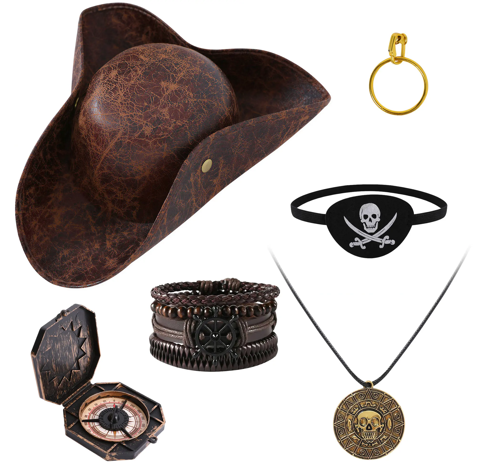 Adult Pirate Costume Accessories Set, Renaissance Pirate Dress Up Set, Faux Leather Pirate Hat for Men Women, Skull Eyepatch, Skull Coin Necklace, Rudder Bracelet, Ear Ring & Vintage Compass for Halloween Cosplay Themed Party