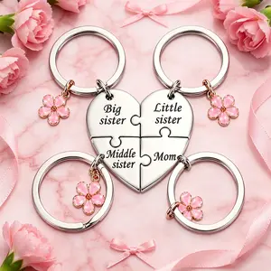 Summervibes Mother Daughter Keychain for 4, Mother Big Sister Middle Little Sister Keychain for 4, Heart Matching Keyring for Sister & Mom for Mother's Day, Birthday