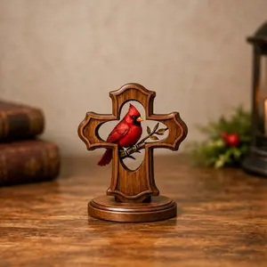 Redfinch Cross Resin Desktop Decor Item - Wood-grain-like Red Bird Branch Hollowed-out Cross - Commemorative Healing Home Decoration