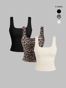 Women's Solid & Leopard Print Tank Top, Casual Sleeveless Top for Spring & Fall, Ladies Clothes for Daily Wear