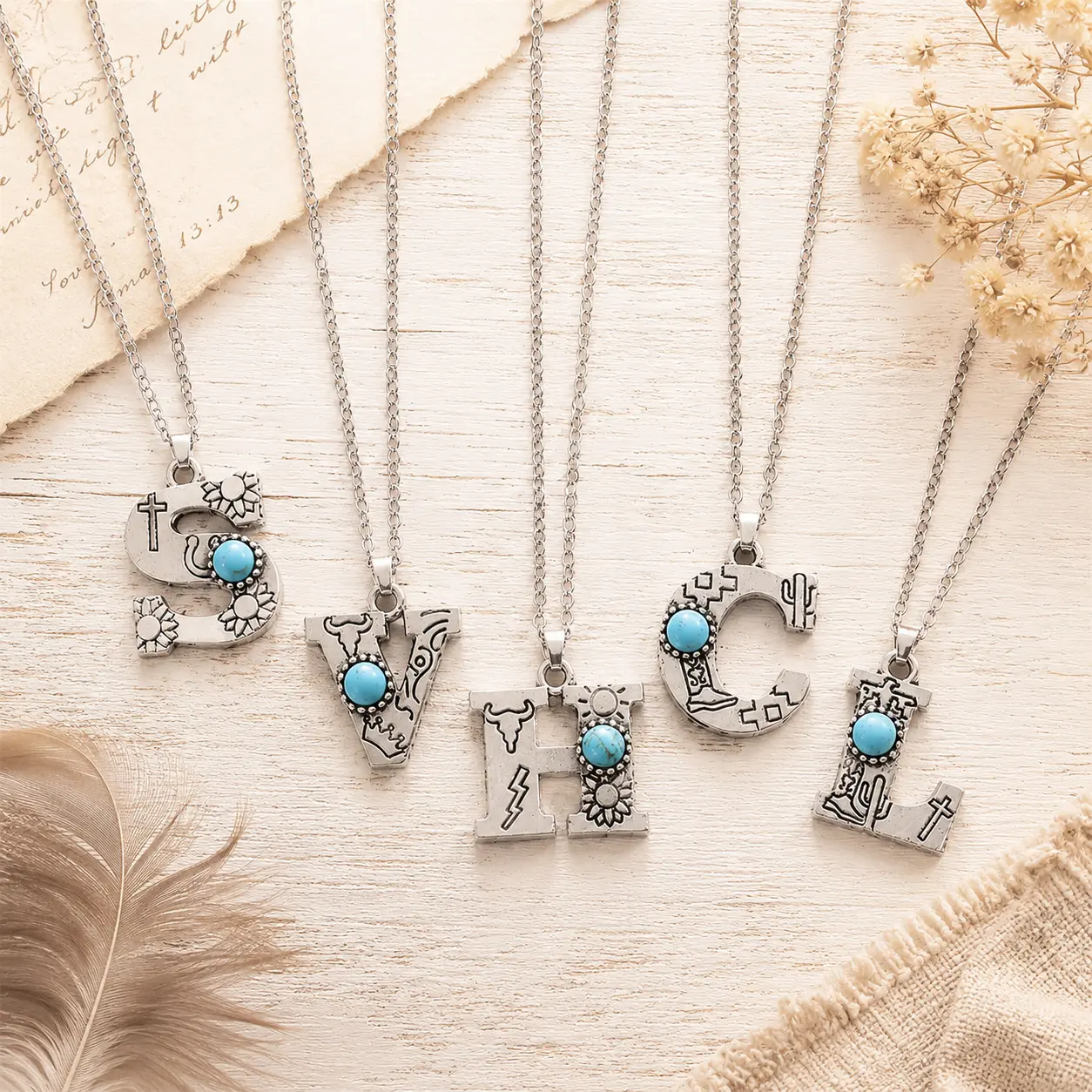 Western Barbed Wire Initial Long Necklace with Turquoise – A-Z Personalized Letter Pendant, Layered Long Chain Jewelry for Women&Men, Cowgirl Style Necklace Gift