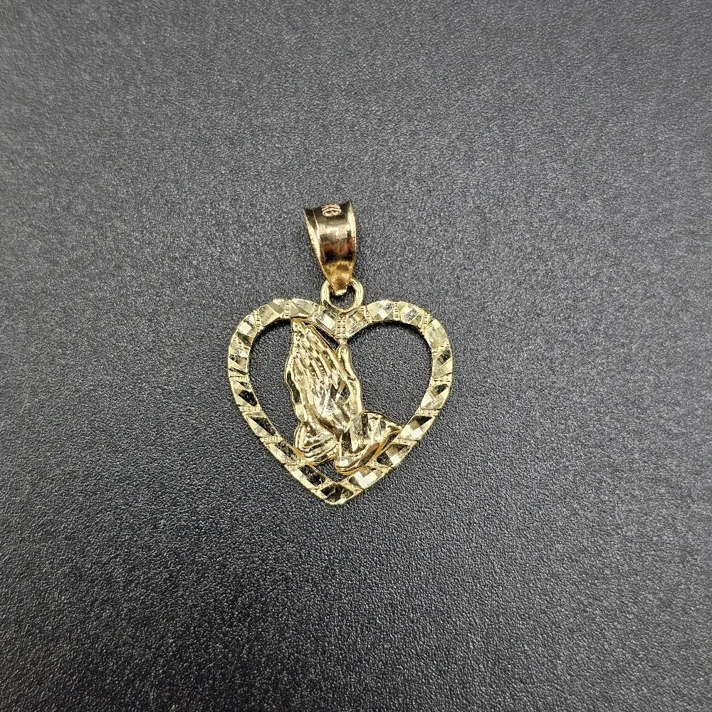 10K Gold Heart Pendant with Praying Hands, Dainty Everyday Wear Jewelry