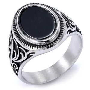 Vintage imitation agate men's ring, black trendy accessory, simple design, suitable for daily wear