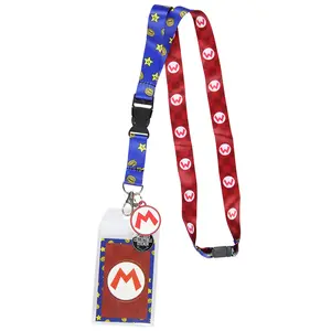 Nintendo Super Mario And Star Logo Reversible Breakaway Keychain Lanyard ID Holder, Rubber Mario Charm and Sticker