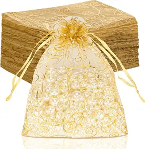 Organza Gift Bags 100Pcs Gold Sheer Organza Bag 5x7 Inch Mesh Favor Bags Drawstring Jewelry Rattan Printed Gift Pouches for Wedding Party.