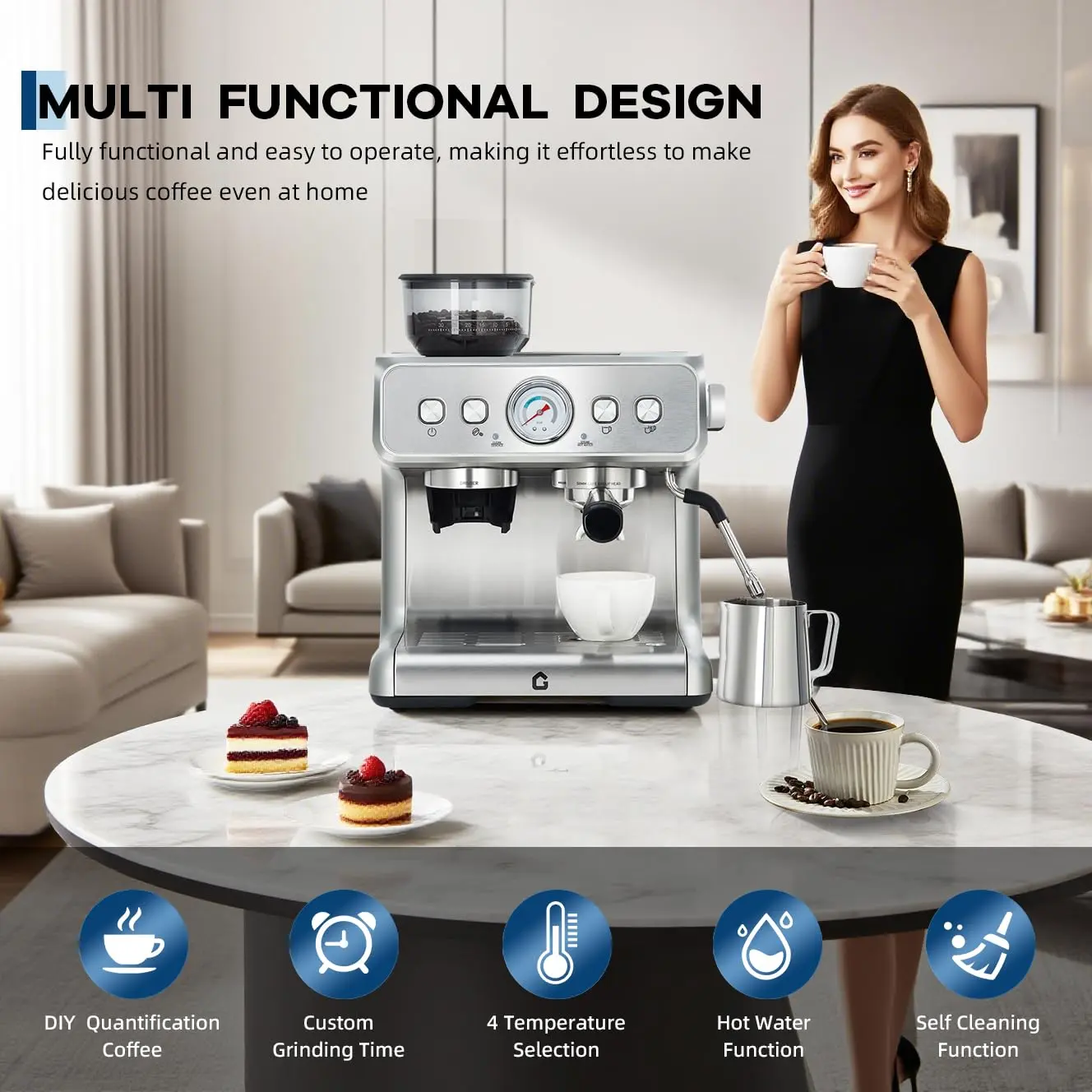 20 Bar Pressure Stainless Steel Espresso Machine with Grinder, 2.8L Removable Water Tank, Milk Frother Steam Wand